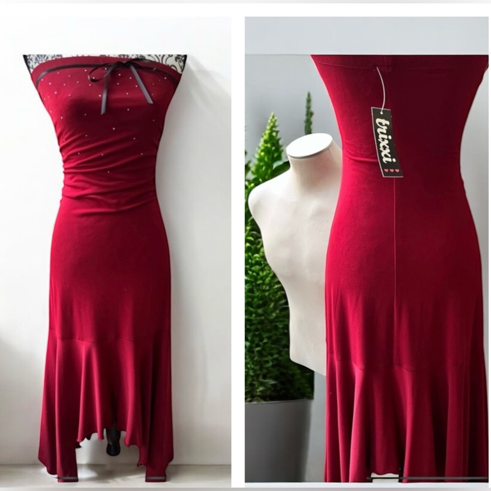 Trixxi Midi Red Asymetrical Dress with Faux Diamond Embellishments NWT